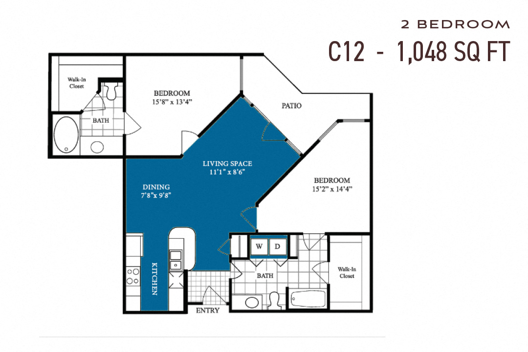 Floor plan for 2 beds, 2 baths, 1048 sqft